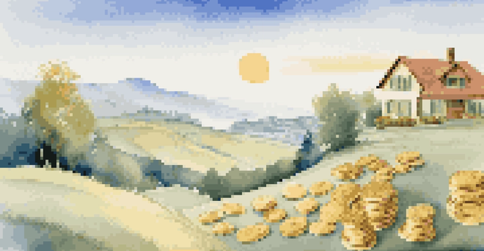 A tranquil landscape featuring different forms of investments like stock market graphs, a house, and gold coins, under a soft morning light.