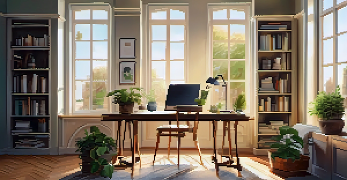 A cozy home office with a wooden desk, laptop, potted plant, and coffee cup, illuminated by natural sunlight.