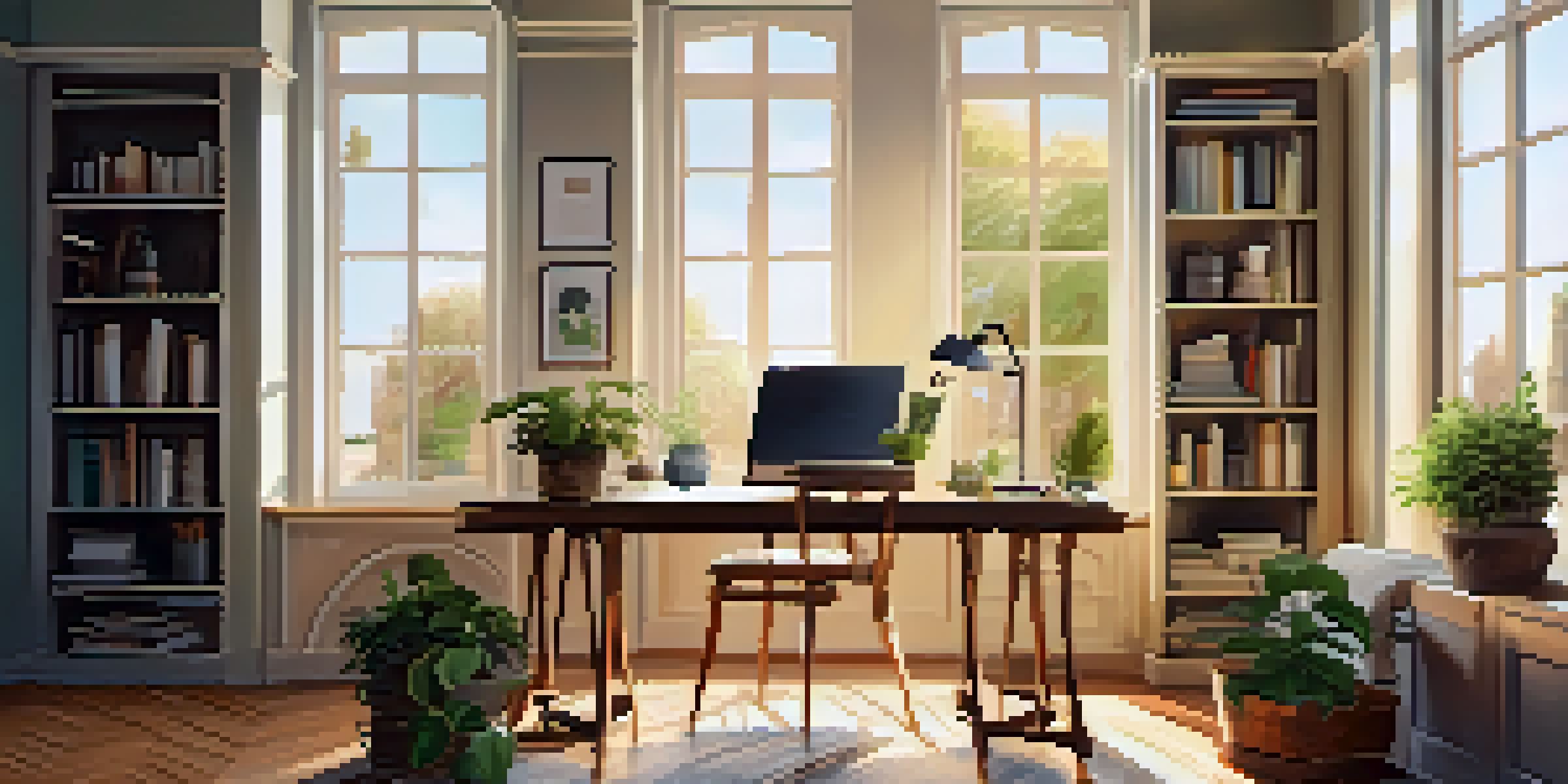 A cozy home office with a wooden desk, laptop, potted plant, and coffee cup, illuminated by natural sunlight.