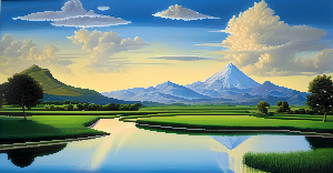 A landscape illustrating the four phases of economic cycles with a green field, a golden peak mountain, a dim valley, and a calm pond under a transitioning sky.