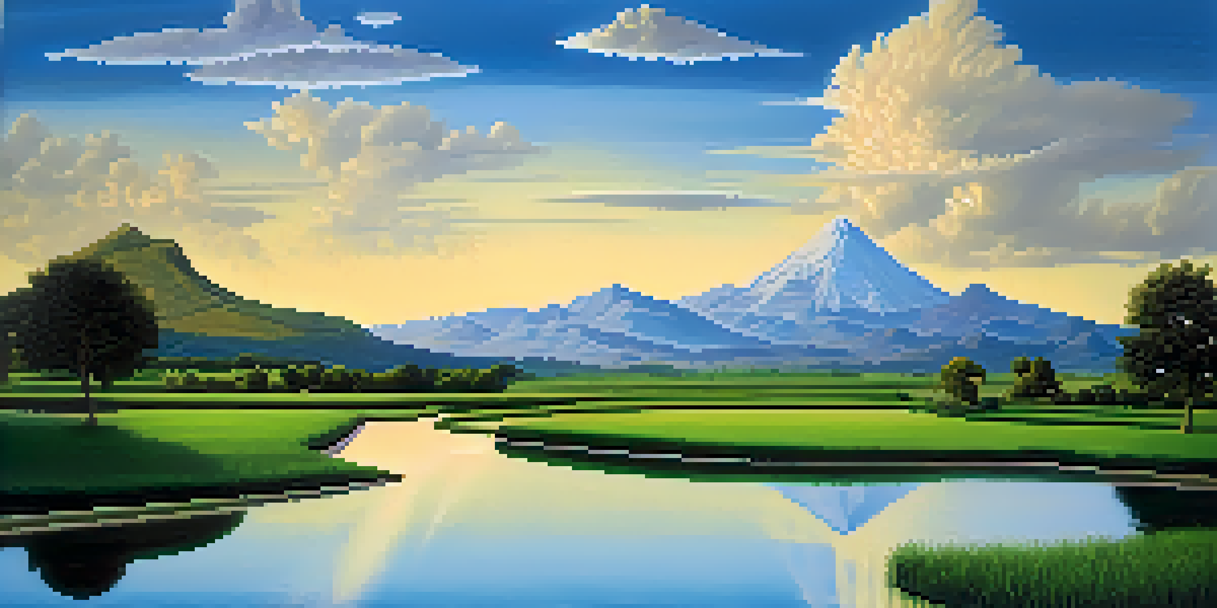 A landscape illustrating the four phases of economic cycles with a green field, a golden peak mountain, a dim valley, and a calm pond under a transitioning sky.