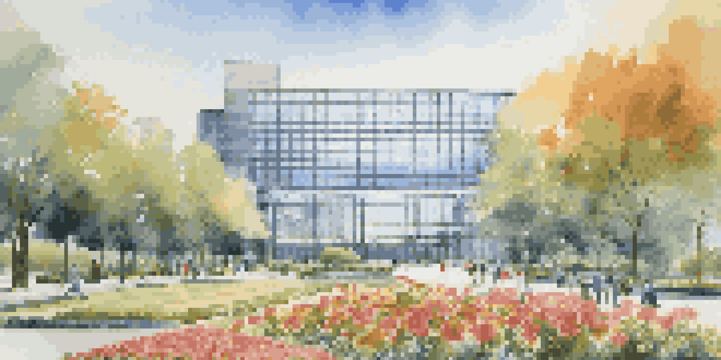 A contemporary central bank building with glass architecture and a garden in front, under a bright blue sky.