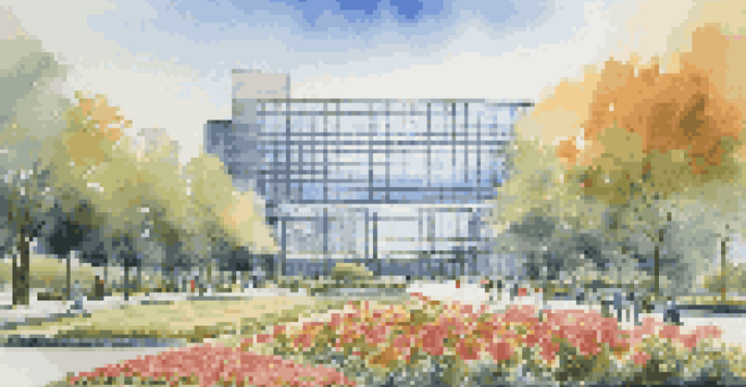 A contemporary central bank building with glass architecture and a garden in front, under a bright blue sky.