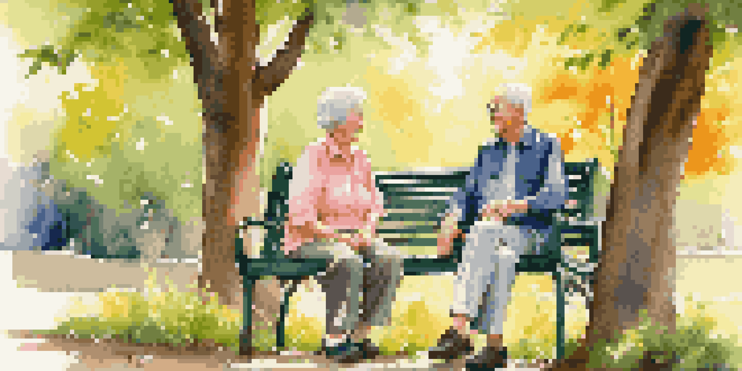 An elderly couple sitting on a park bench, surrounded by blooming flowers and green trees, enjoying a sunny day together.
