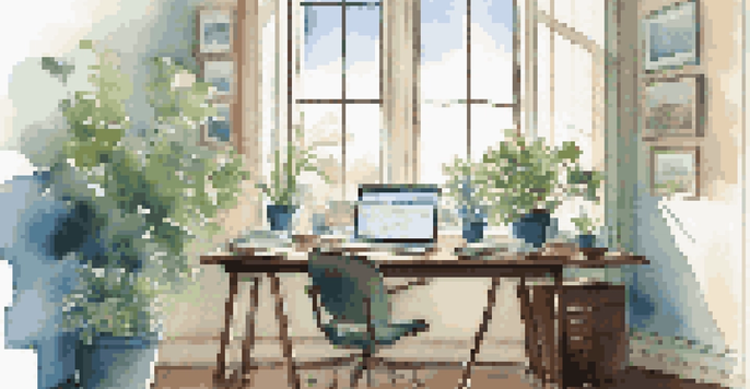 A modern office desk with a laptop displaying stock market charts, a potted plant, and natural light coming through a window.