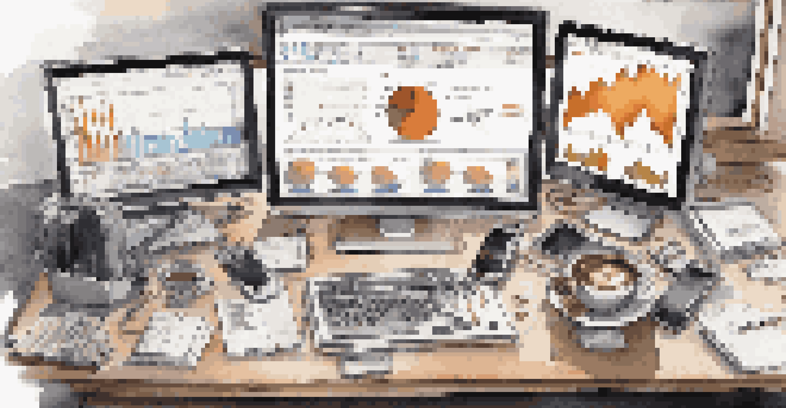 A neatly arranged trading desk with monitors displaying market data, a cup of coffee, and a notebook, bathed in soft natural light.