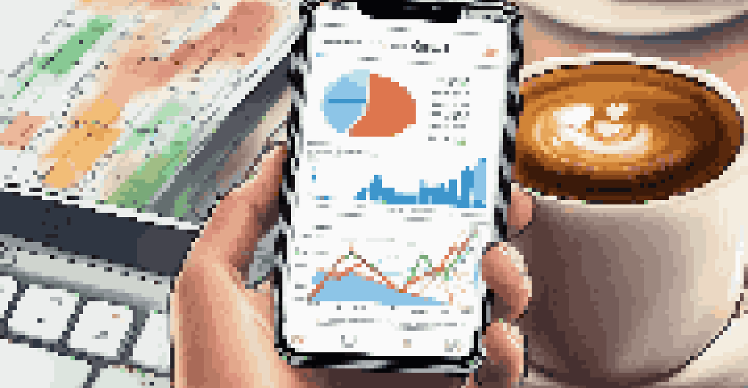 A smartphone showing an investment app in a cozy coffee shop.