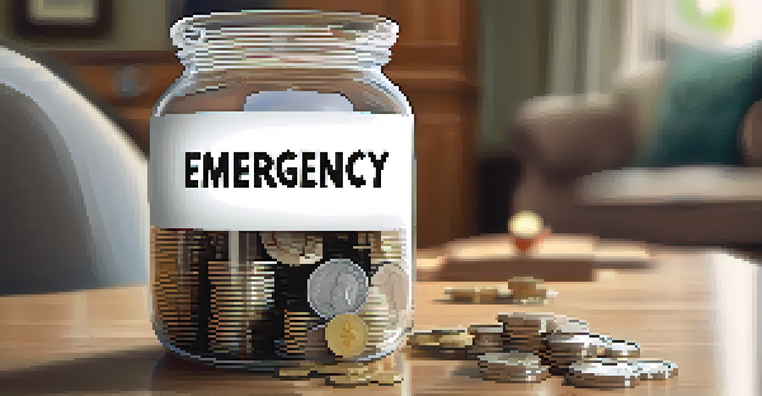 A hand adding coins to a jar labeled 'Emergency Fund', with a cozy living room in the background.