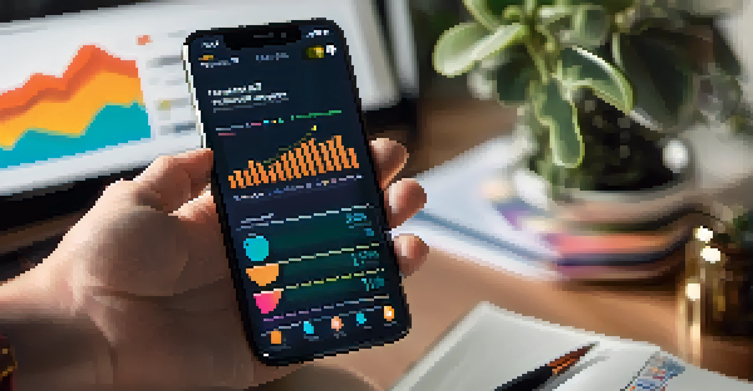 A close-up image of a hand holding a smartphone showing a mutual fund app in a cozy home office.