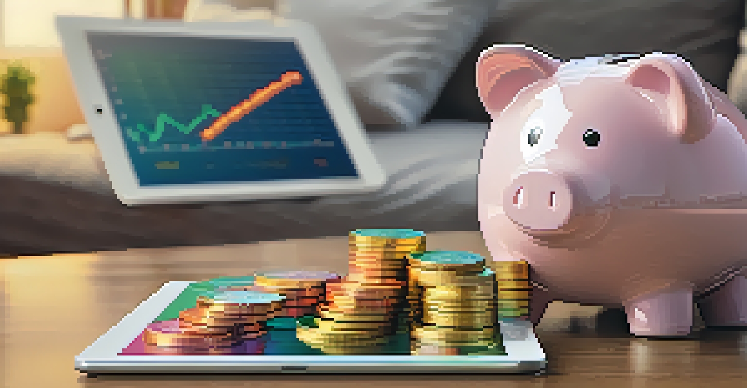 A close-up of a hand holding a clear piggy bank filled with coins, with a financial chart on a tablet in a cozy living room.