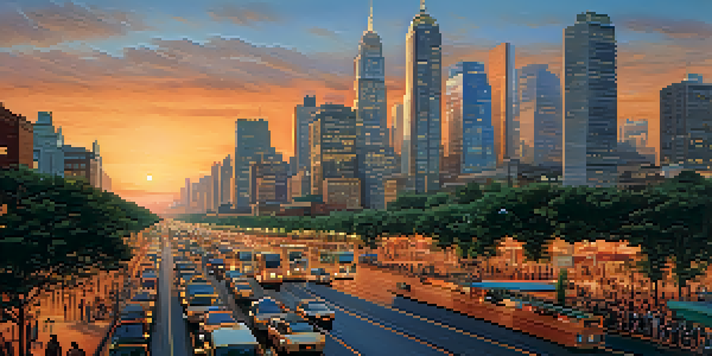 A vibrant urban skyline at dusk with illuminated skyscrapers and a busy street filled with people and cars.