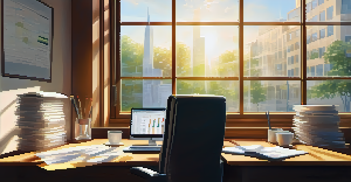 An office space filled with natural light, featuring a desk with financial documents and a laptop, creating a calm and productive atmosphere.