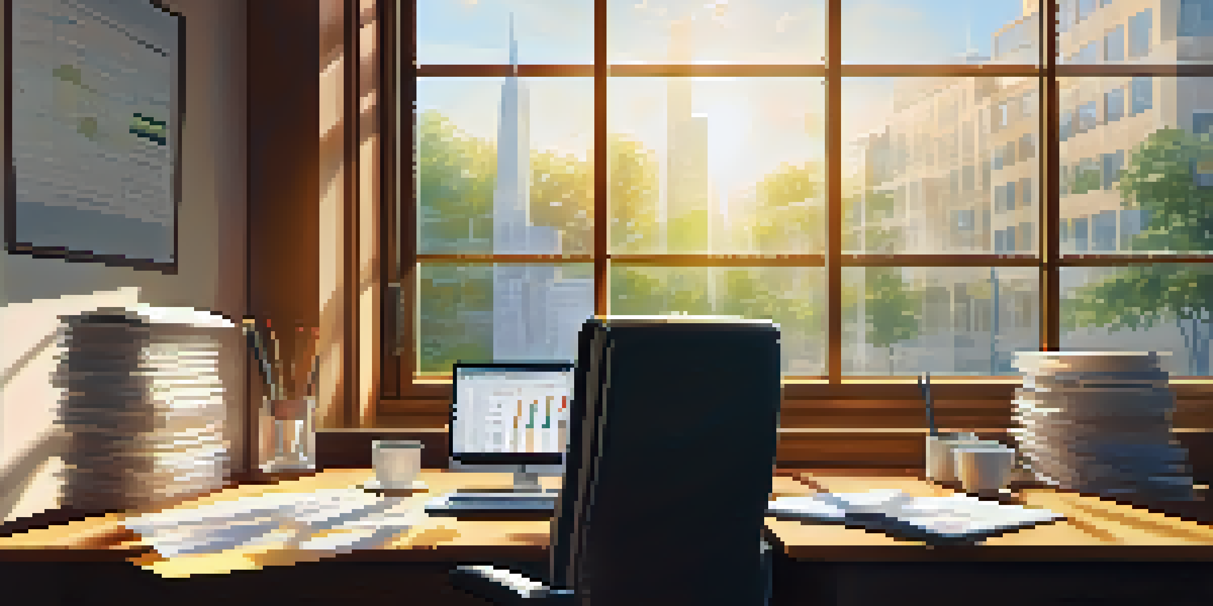 An office space filled with natural light, featuring a desk with financial documents and a laptop, creating a calm and productive atmosphere.