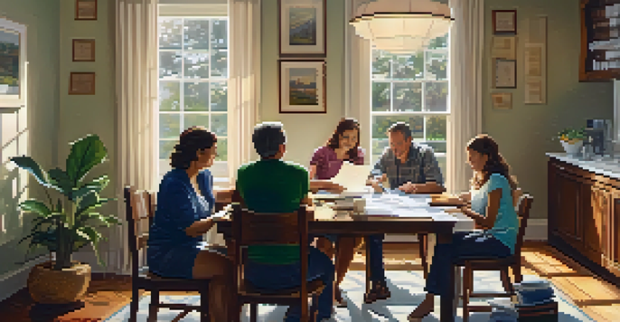 A family sitting at a dining table, looking over financial documents related to tax deductions, with warm sunlight illuminating the scene.