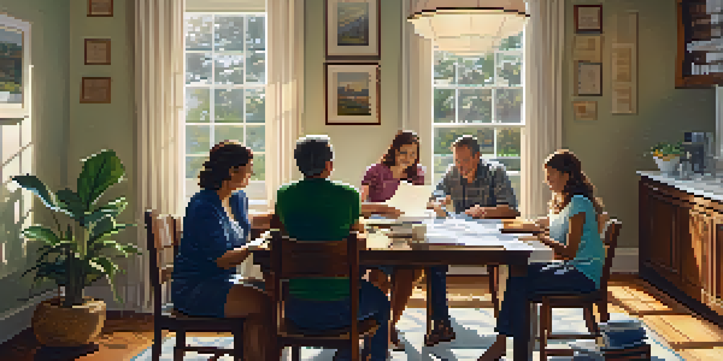 A family sitting at a dining table, looking over financial documents related to tax deductions, with warm sunlight illuminating the scene.