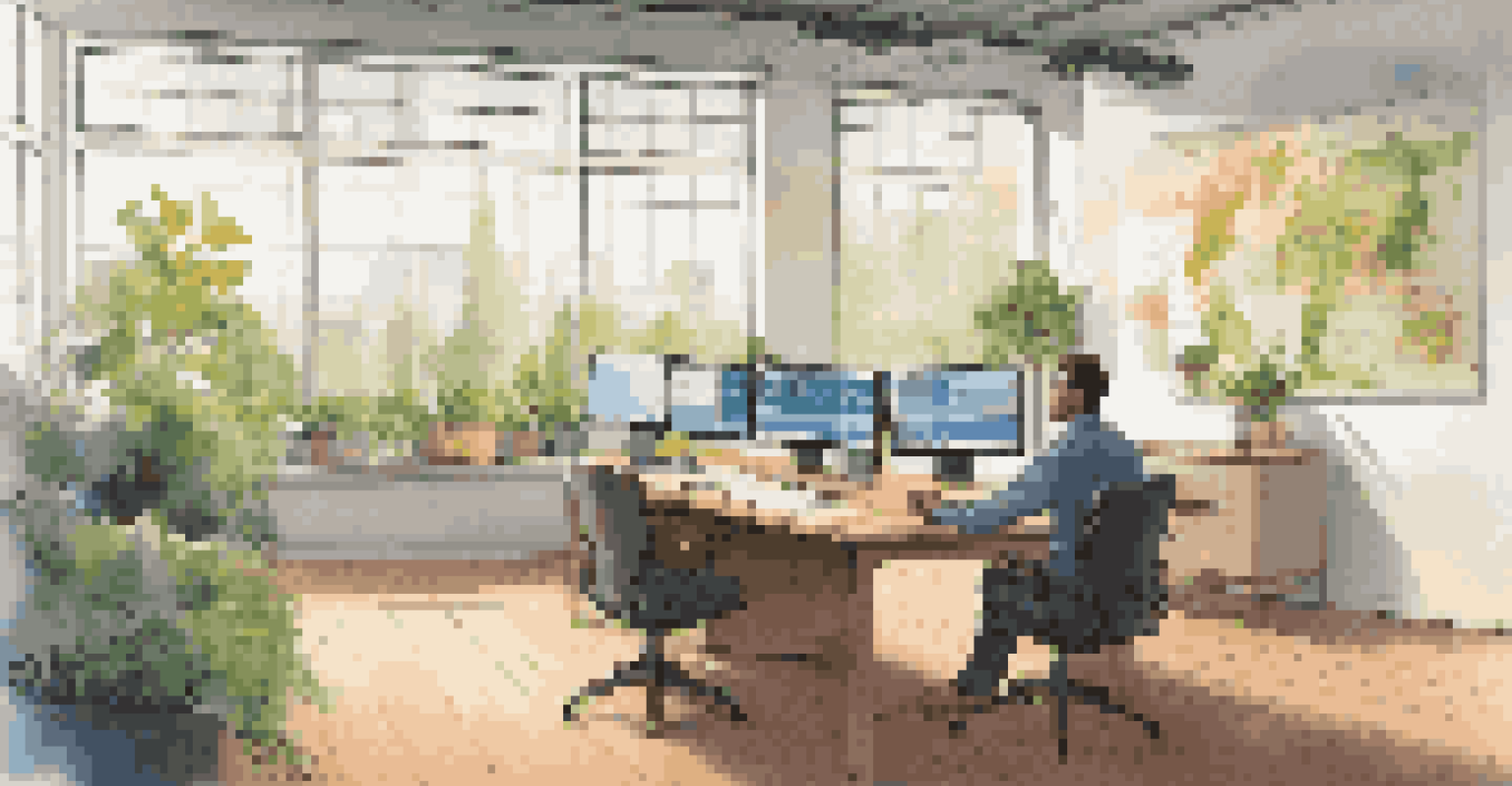 A workspace with a data analyst reviewing colorful graphs and charts on a large screen, surrounded by plants and natural light.
