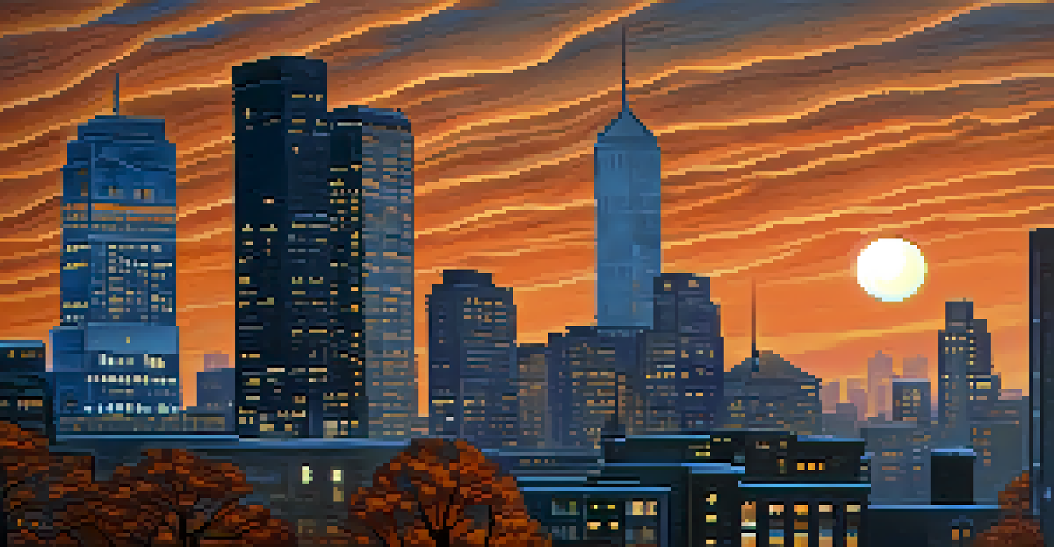 An urban skyline at dusk with glowing buildings and a colorful sky.