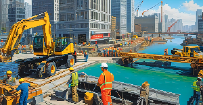 A construction site with workers building a bridge over a river in a modern city, surrounded by skyscrapers and construction equipment.