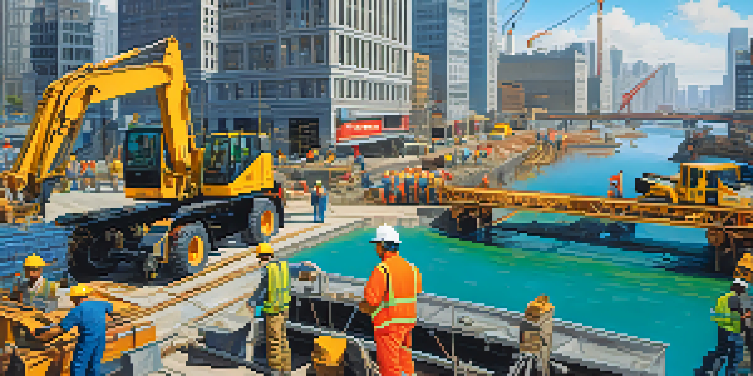 A construction site with workers building a bridge over a river in a modern city, surrounded by skyscrapers and construction equipment.