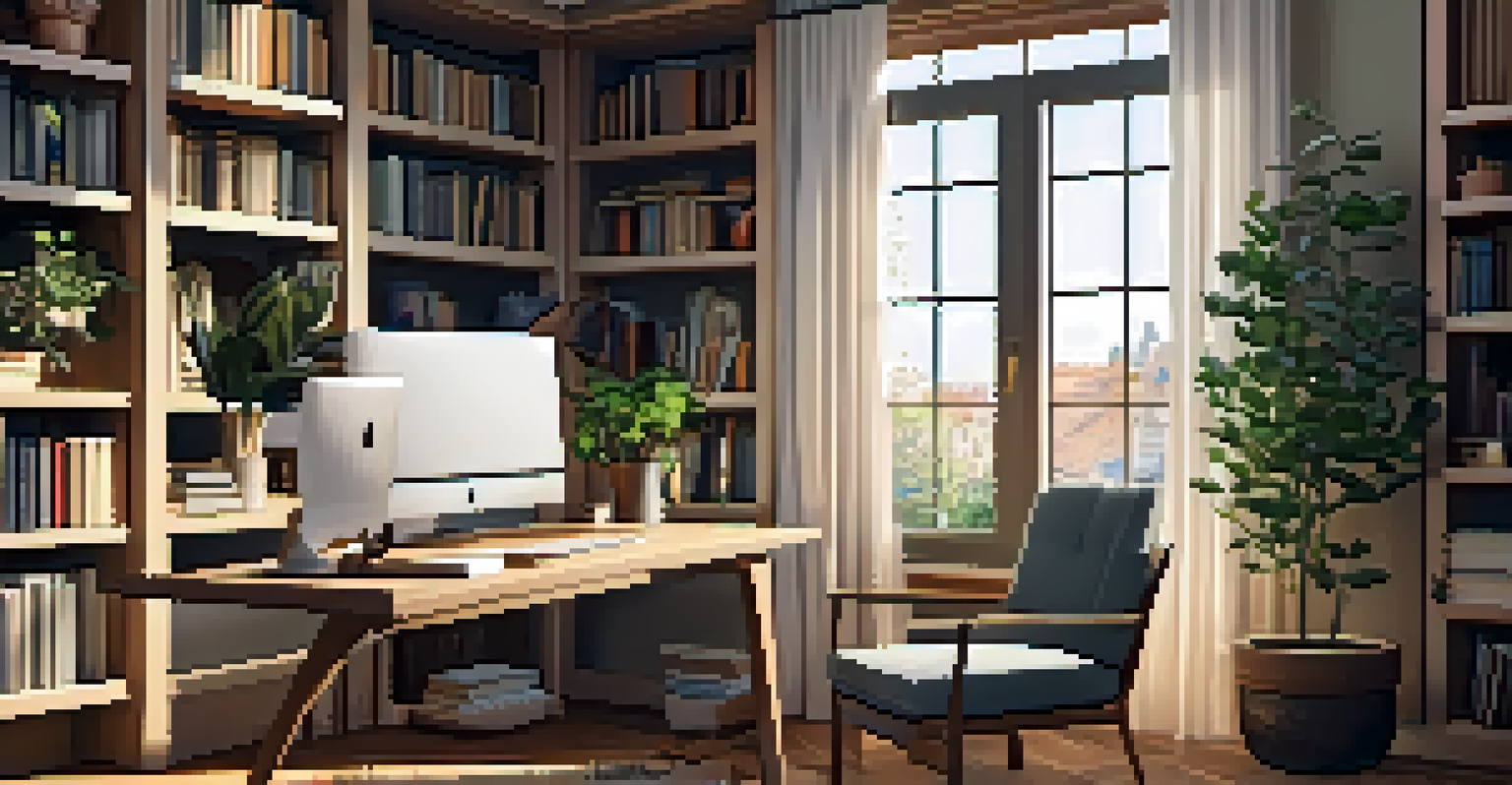 A cozy home office with a wooden desk, laptop, and plants illuminated by natural light.