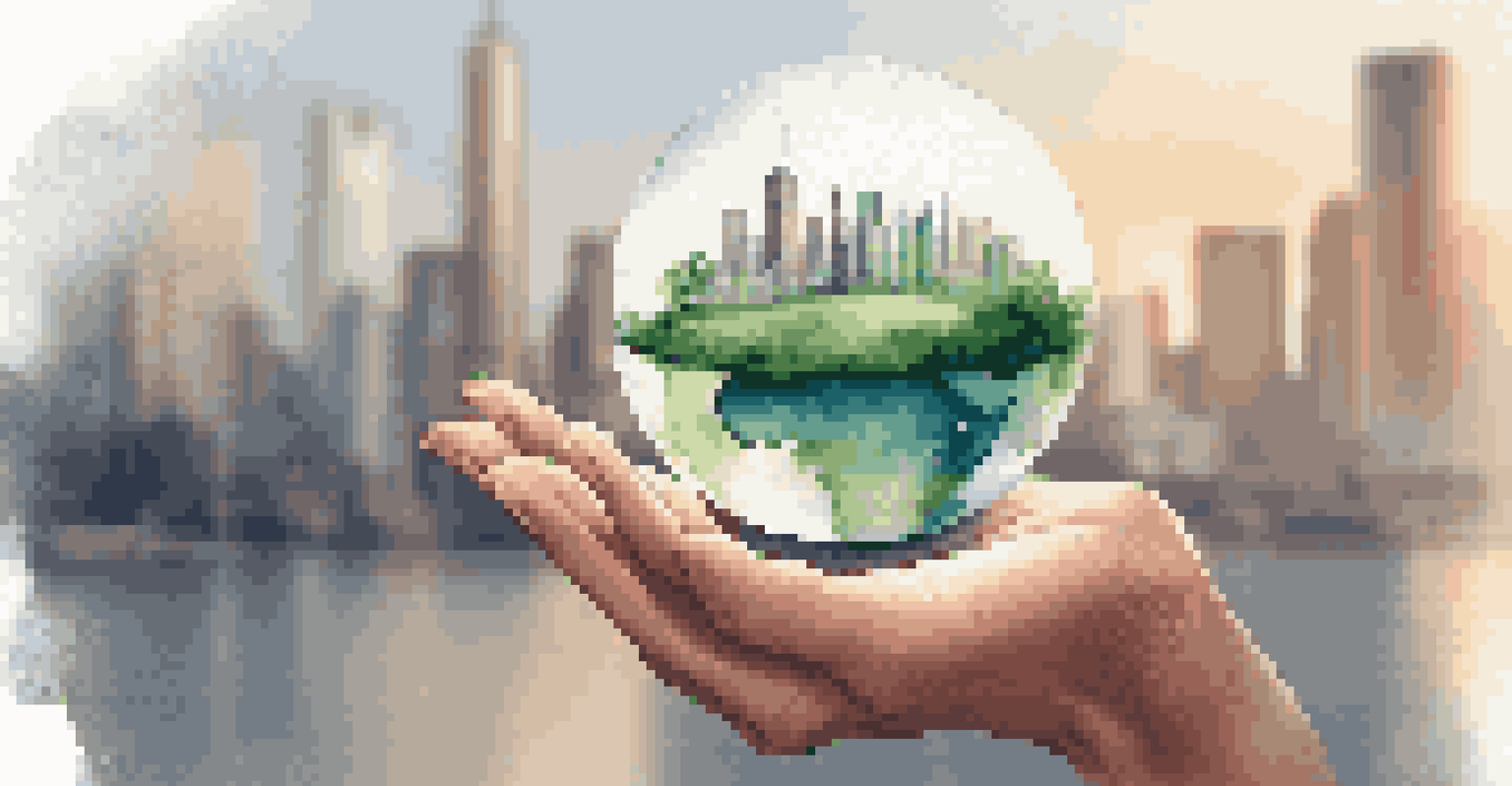 A hand holding a transparent globe filled with greenery, against a blurred city skyline, symbolizing the impact of ethical investments.