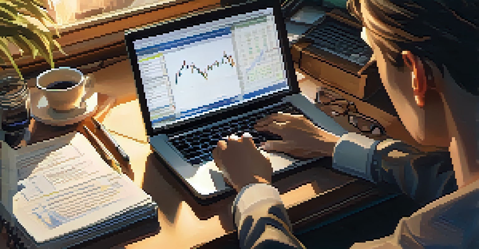 Close-up of hands writing in a trading journal with financial documents and a laptop in the background.