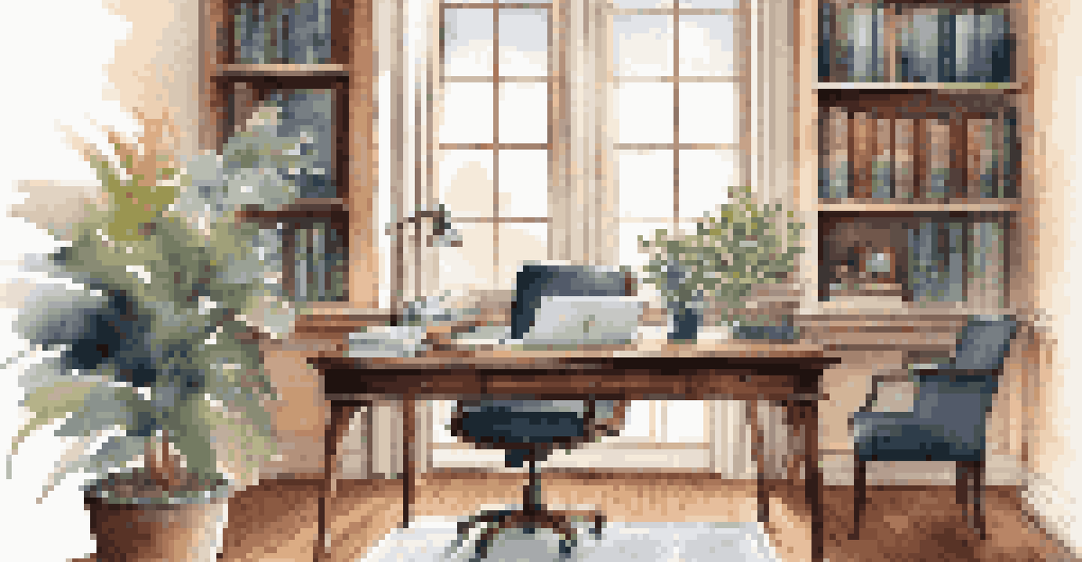 A cozy home office with a wooden desk, a laptop, and a small plant, illuminated by natural light from a large window.