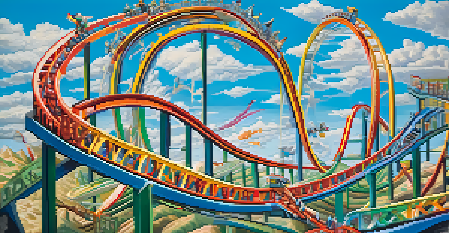 An abstract roller coaster representing fluctuating interest rates, with peaks and valleys, surrounded by financial symbols, against a blue sky.