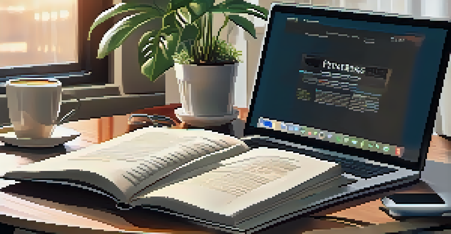 An open book and laptop on a desk with financial news articles and a coffee cup, creating a cozy learning space.
