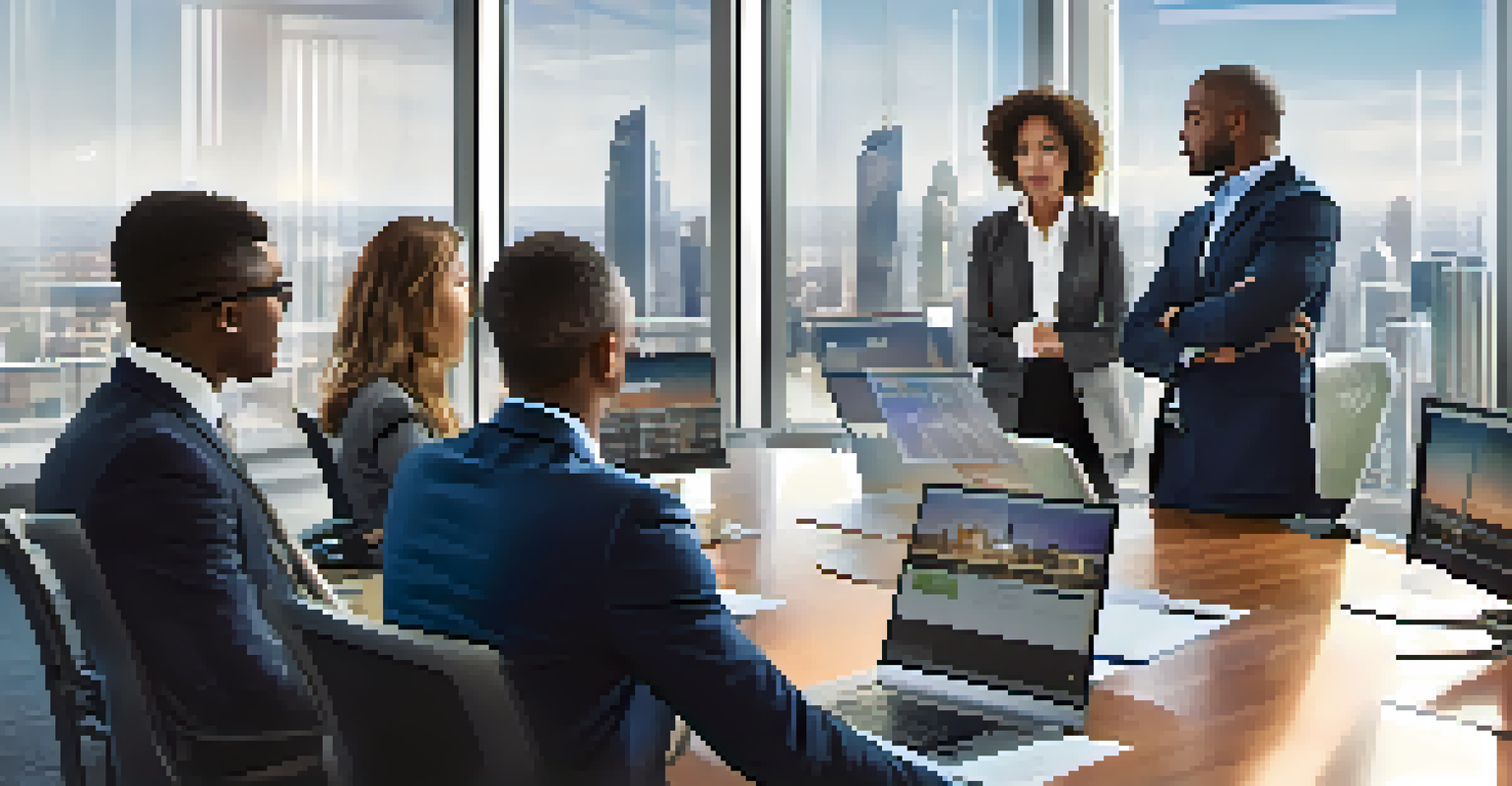 Diverse business professionals engaged in a discussion about financial reports in a modern conference room with a city skyline view.