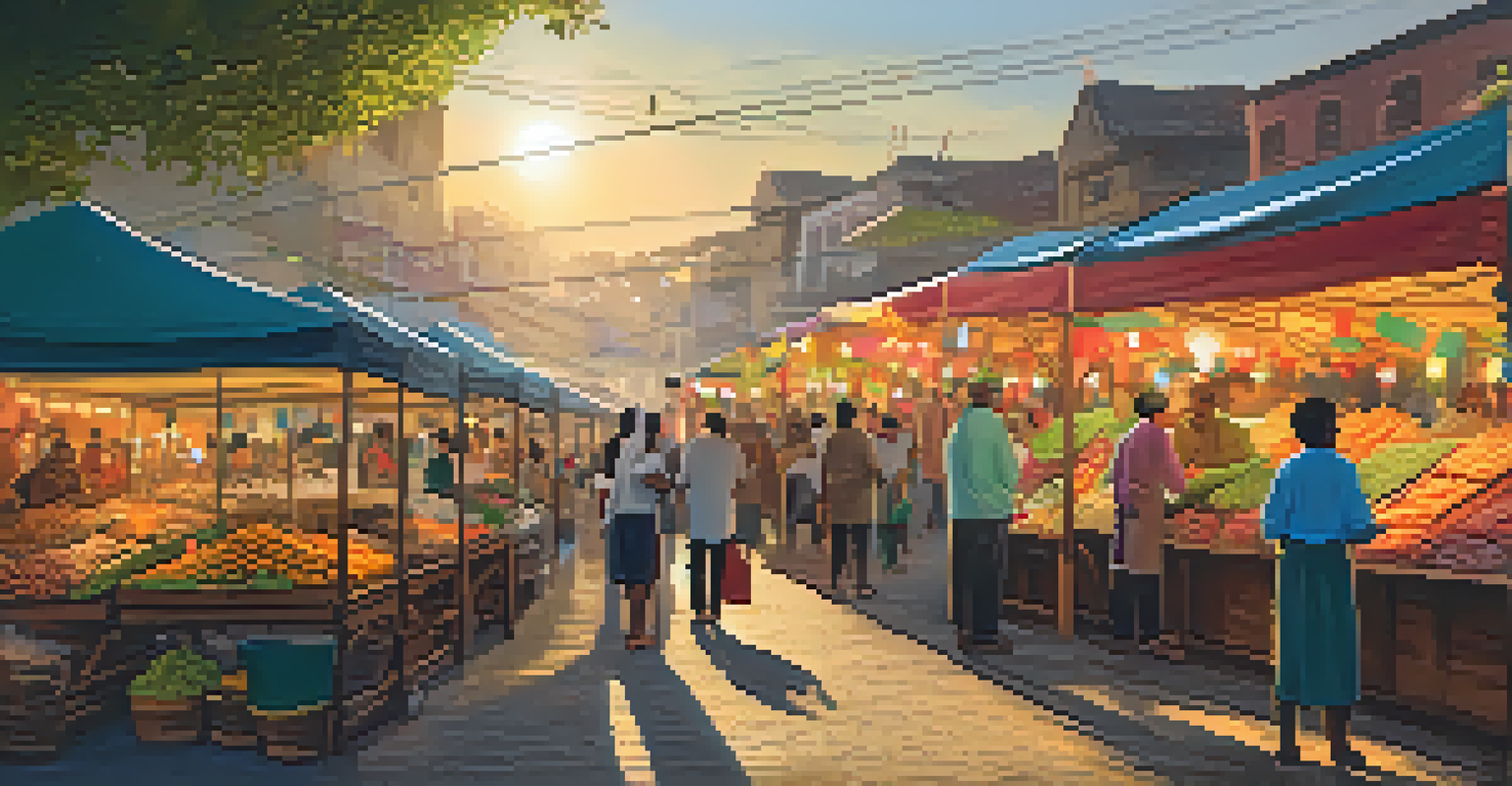 A vibrant local market scene showcasing cultural exchange with stalls of international cuisine and diverse people interacting under a sunset.