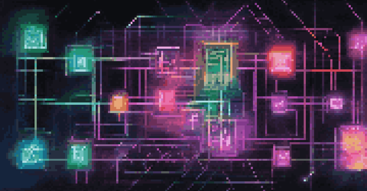 An abstract representation of blockchain technology with glowing interconnected blocks and flowing binary code in neon colors against a dark background.