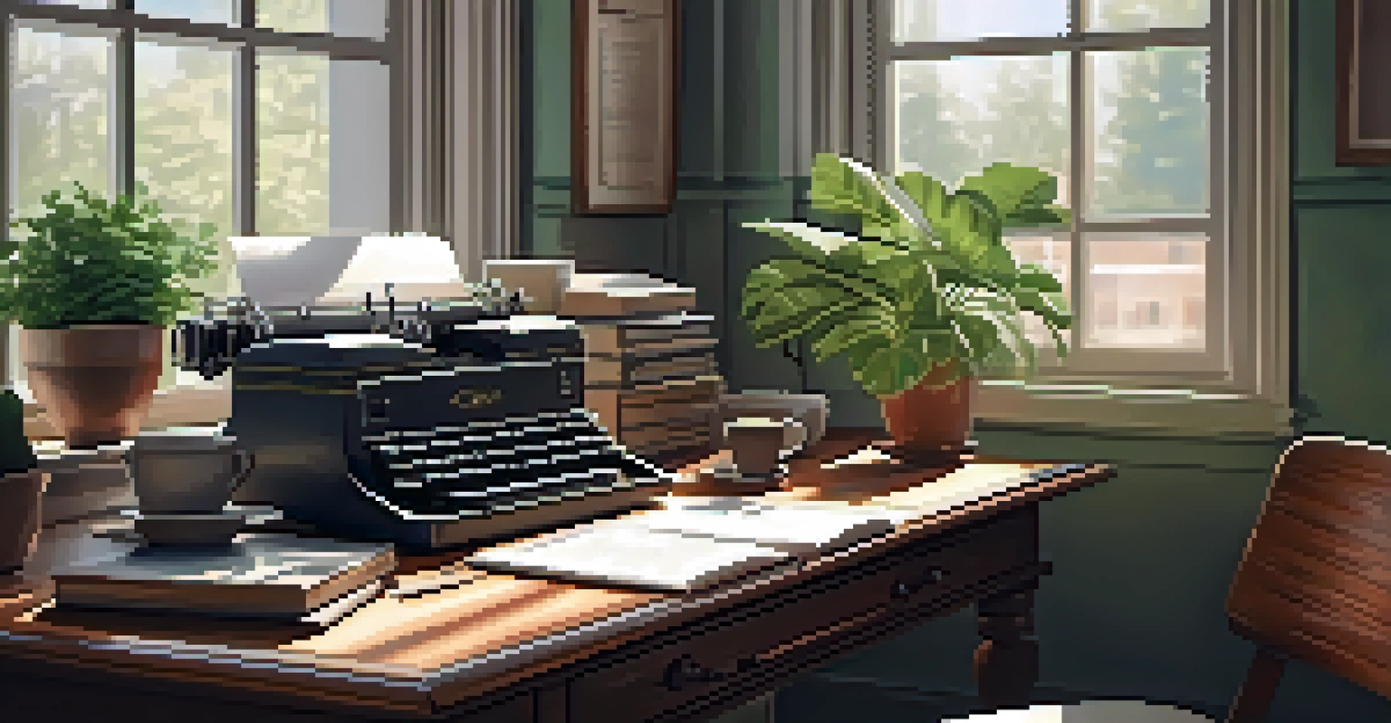 A cozy home office with a wooden desk, vintage typewriter, and potted plant.