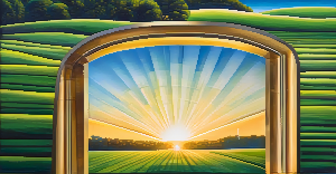 A peaceful landscape with a financial graph overlaying a green field, representing investment growth, with a sunset in the background.
