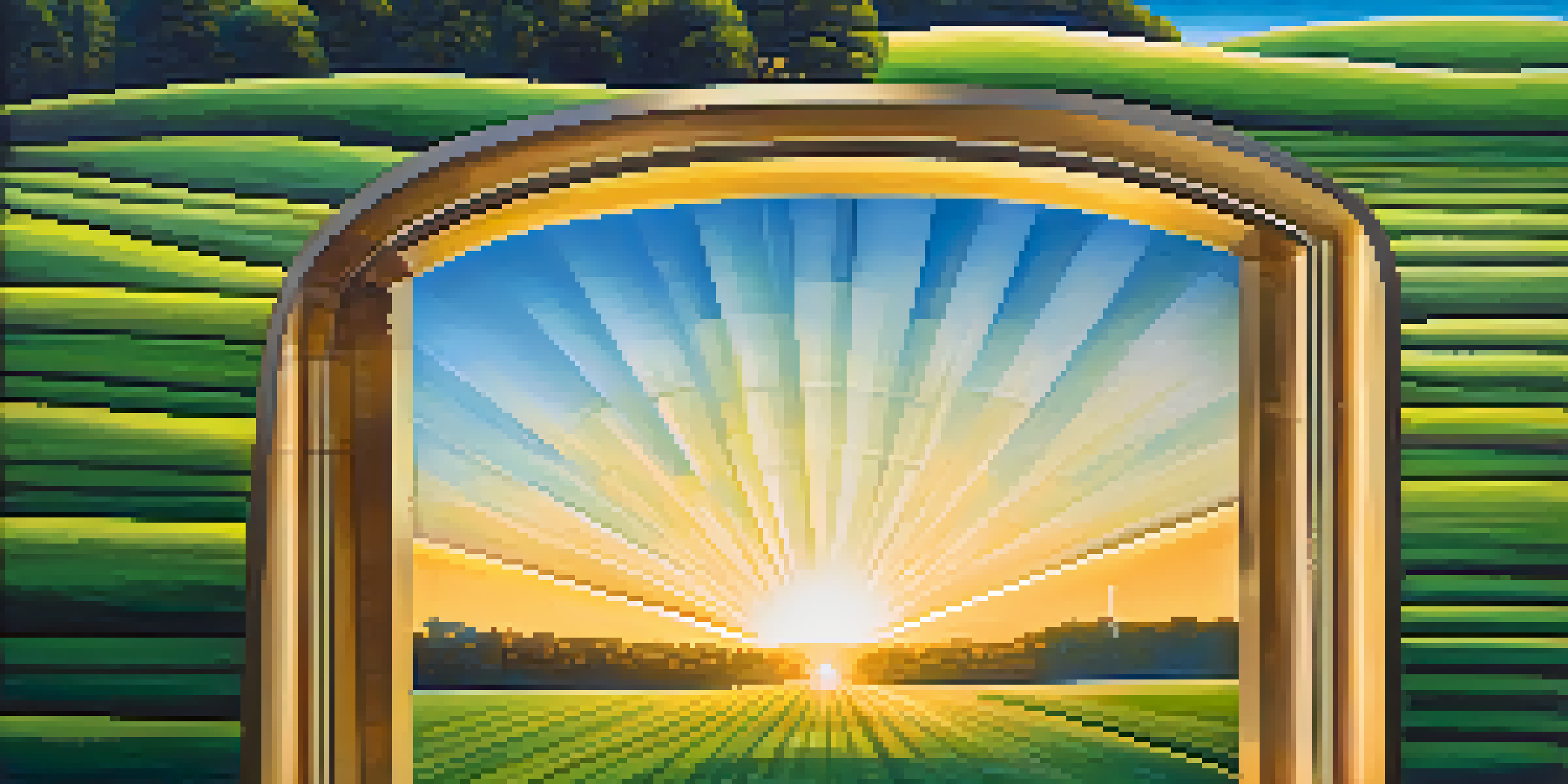 A peaceful landscape with a financial graph overlaying a green field, representing investment growth, with a sunset in the background.