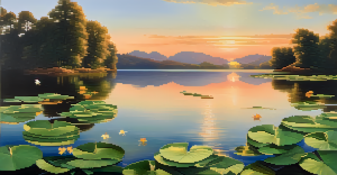 A peaceful lake at sunset with reflections of investment symbols, surrounded by greenery.