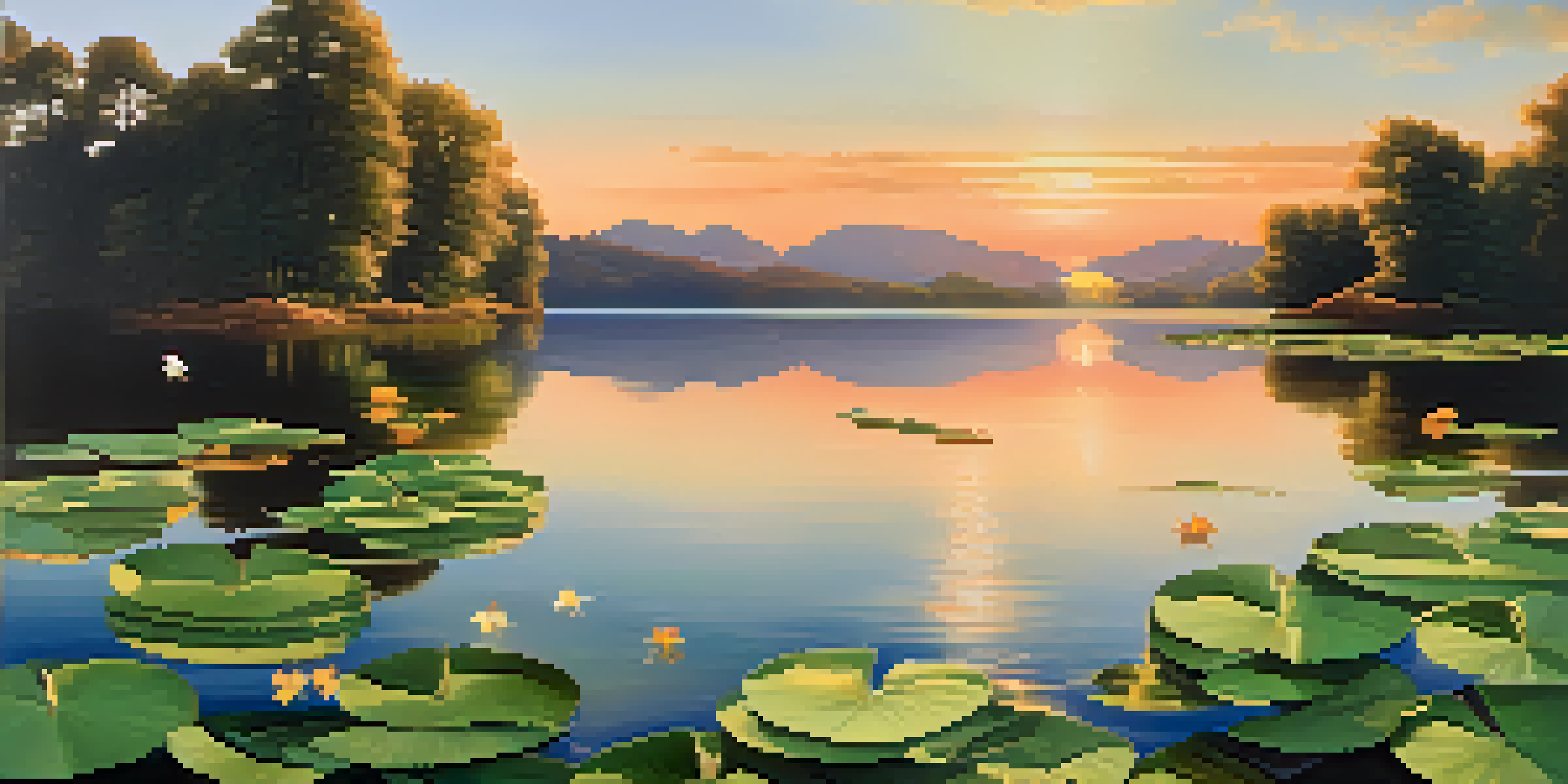A peaceful lake at sunset with reflections of investment symbols, surrounded by greenery.