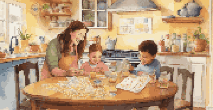 A family in a kitchen discussing budgeting with colorful charts and a savings jar on the table.