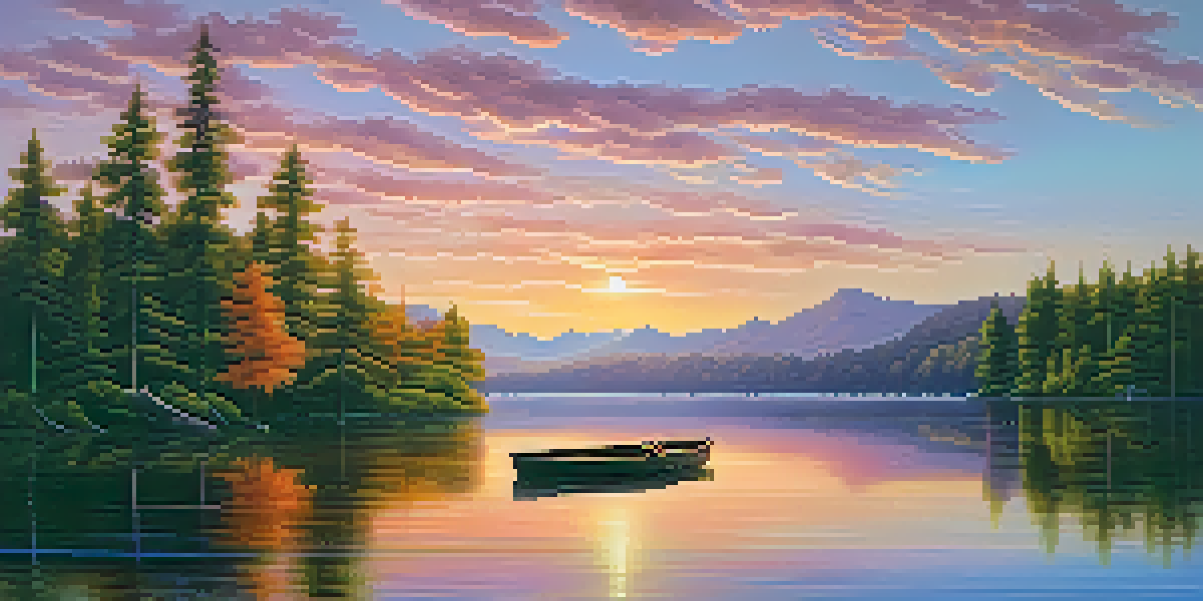 A vibrant sunrise over a tranquil lake, with colorful reflections and a small wooden boat.