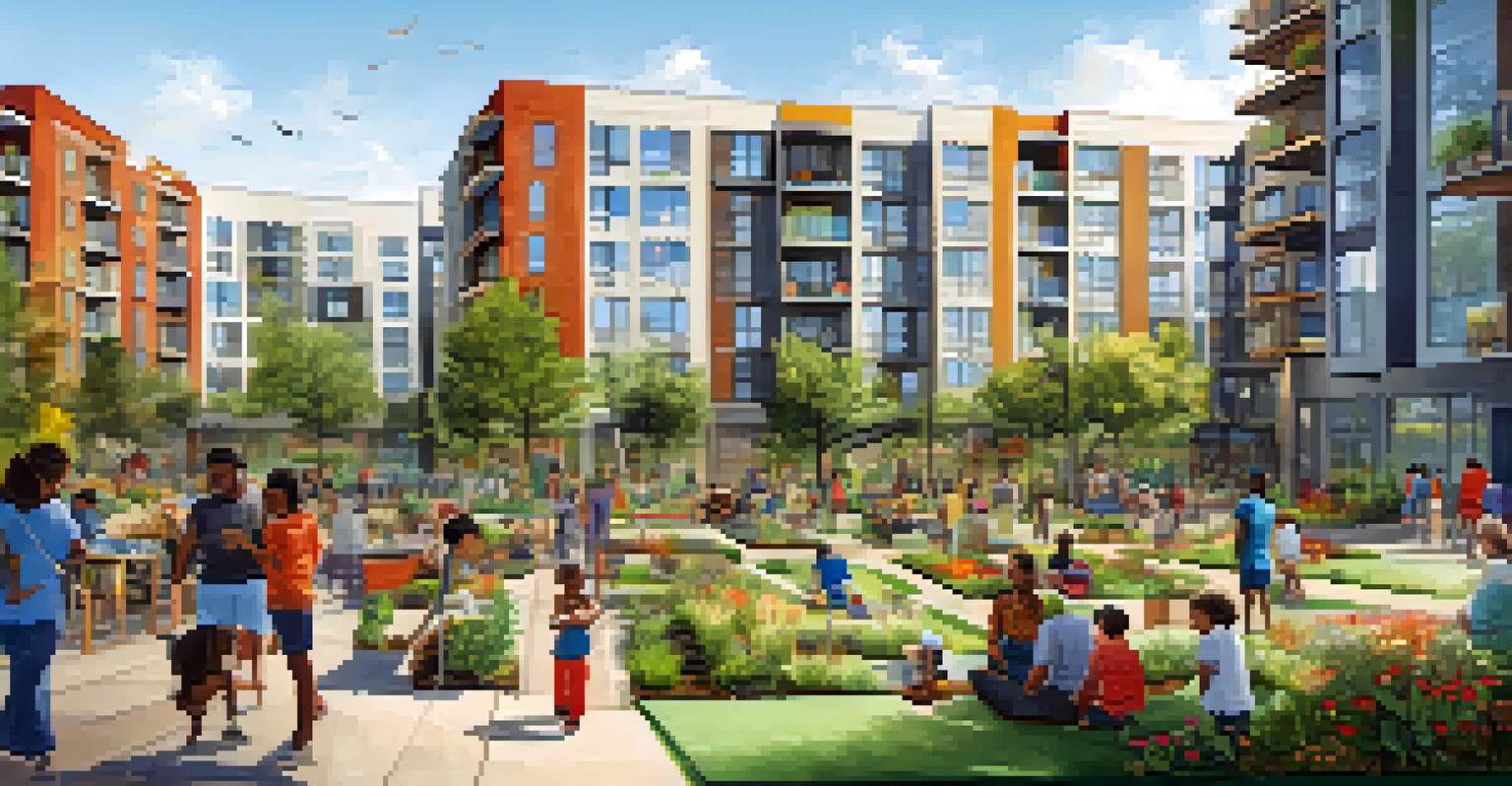 An urban landscape with affordable housing, families participating in community activities, and sustainable architecture under a clear blue sky.