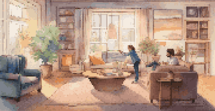 A person in a cozy living room interacting with a floating holographic display of a 3D investment portfolio.