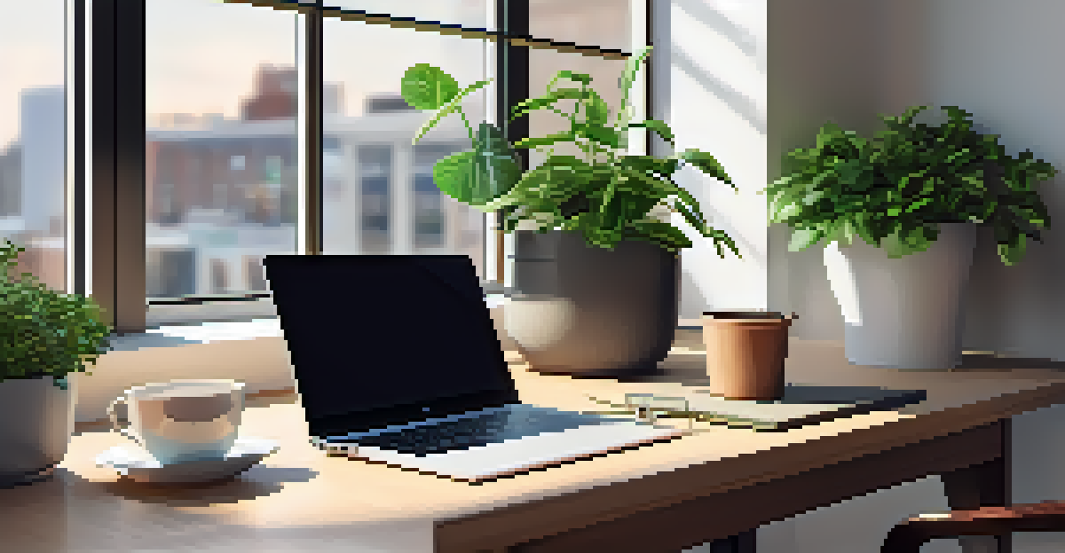 An elegant workspace with a laptop, coffee cup, and a potted plant, creating a cozy atmosphere.