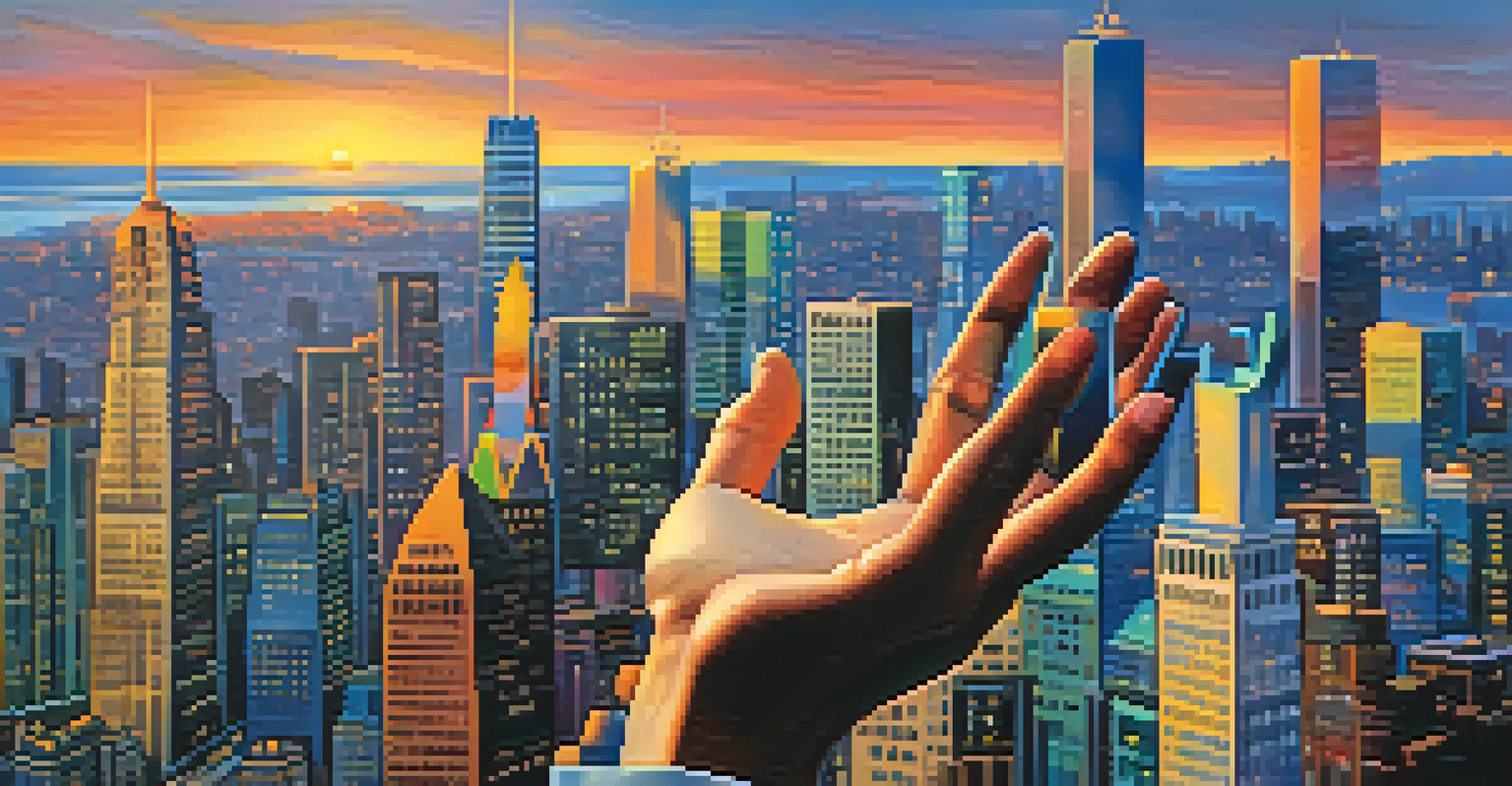 A close-up of a hand holding colorful stock symbols in front of a blurred city skyline at sunset.