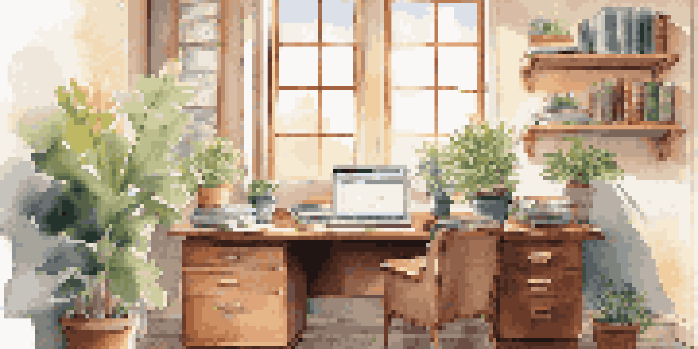 A cozy office workspace with a wooden desk, a laptop showing financial graphs, and sunlight illuminating the room.