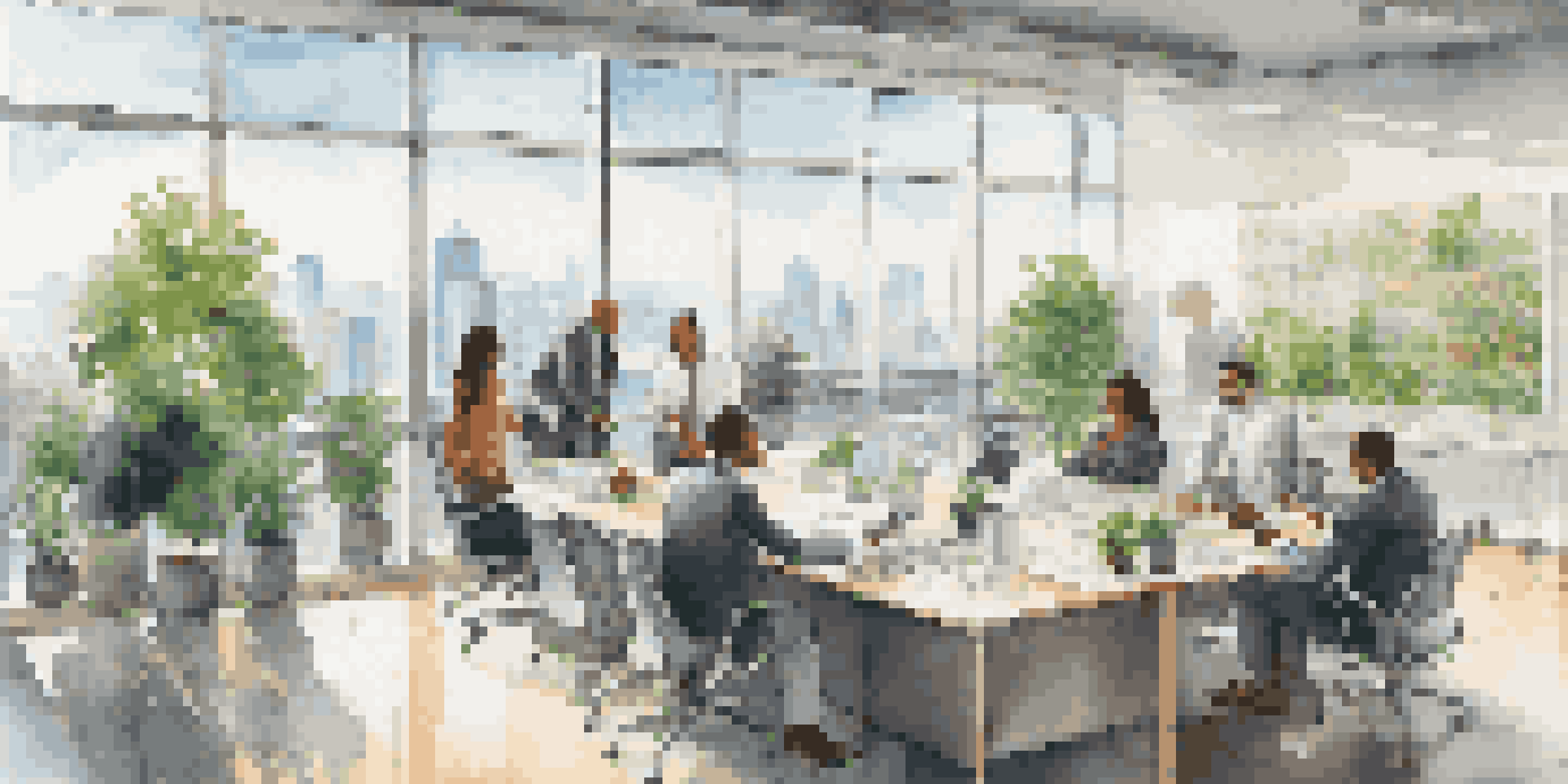 A diverse group of professionals having a discussion in a modern office with a glass wall overlooking a city.