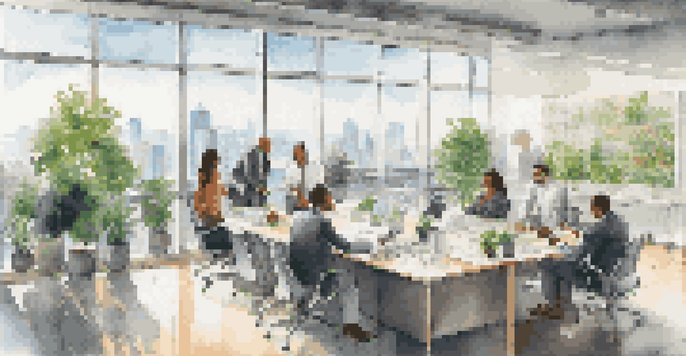 A diverse group of professionals having a discussion in a modern office with a glass wall overlooking a city.
