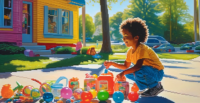 A child saving money in a colorful jar outdoors, with a bicycle and toys in the background, under sunlight.