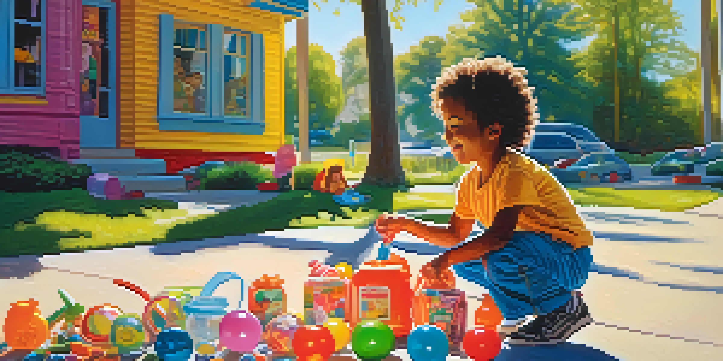 A child saving money in a colorful jar outdoors, with a bicycle and toys in the background, under sunlight.