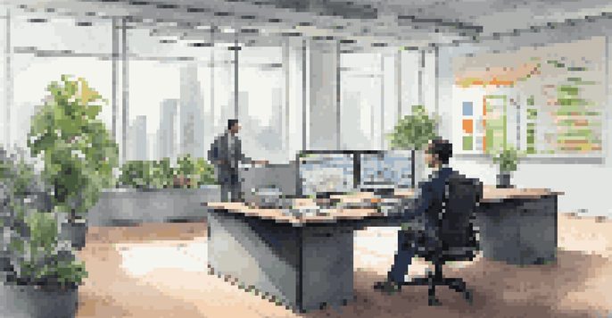 A wealth manager in an office analyzing financial models on a computer screen, surrounded by plants and charts.