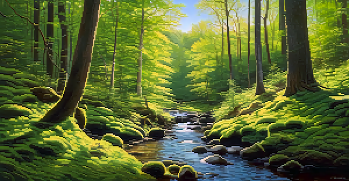 A peaceful forest scene with sunlight filtering through the trees and a small stream running through it.